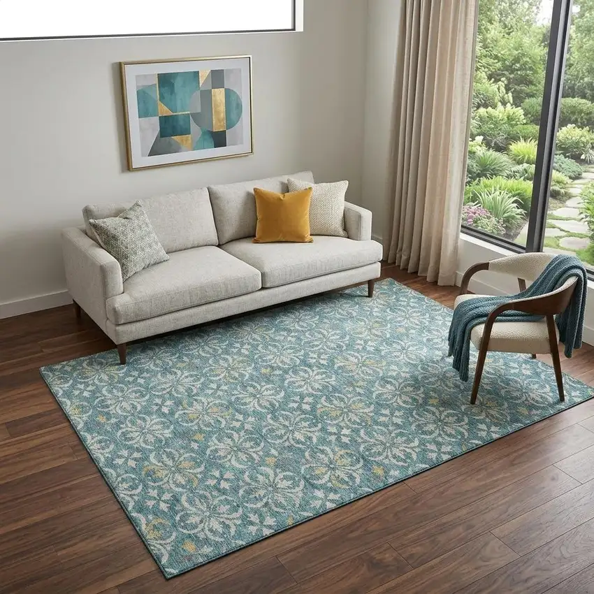 Teal And Ivory Floral Washable Area Rug With UV Protection Photo 1
