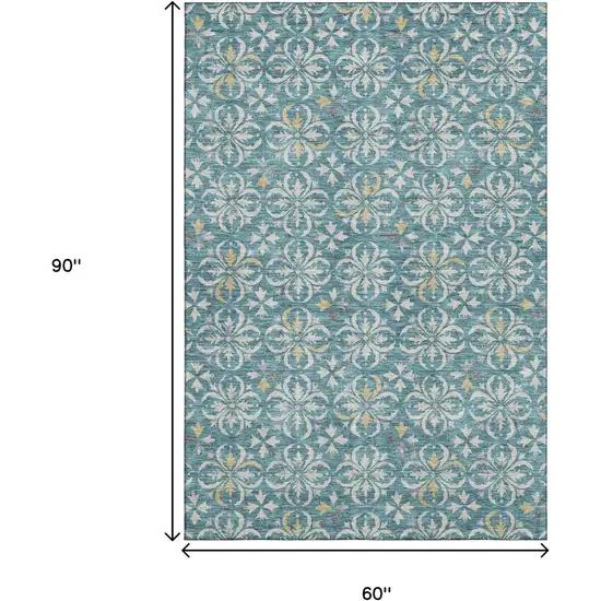 Teal And Ivory Floral Washable Area Rug With UV Protection Photo 9