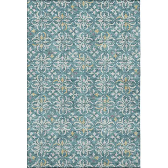 Teal And Ivory Floral Washable Area Rug With UV Protection Photo 3