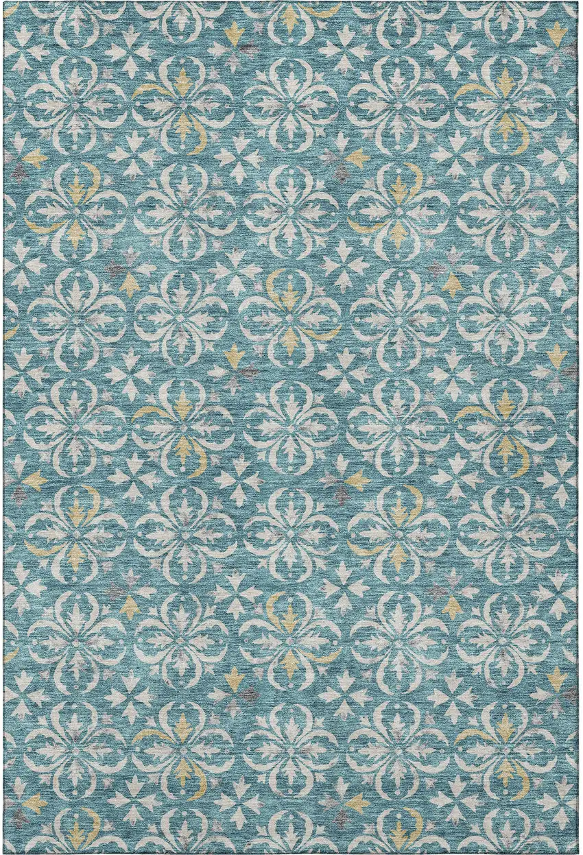 Teal And Ivory Floral Washable Area Rug With UV Protection Photo 3