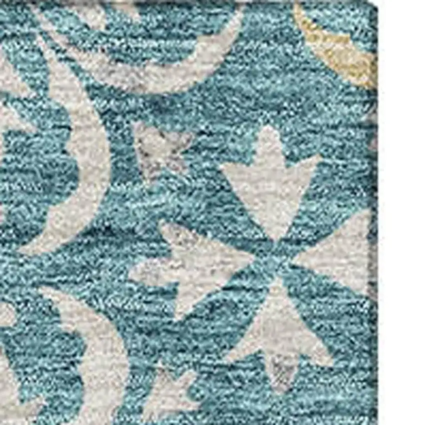 Teal And Ivory Floral Washable Area Rug With UV Protection Photo 2