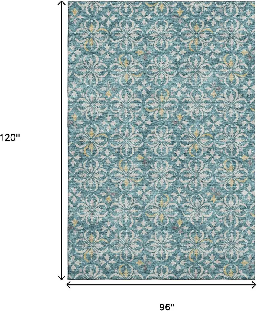 Teal And Ivory Floral Washable Area Rug With UV Protection Photo 9