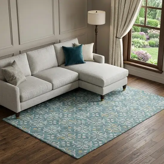 Teal And Ivory Floral Washable Area Rug With UV Protection Photo 1