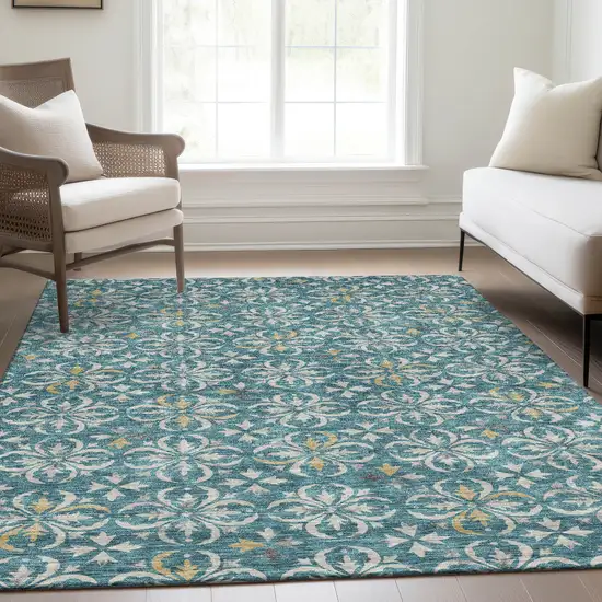 Teal And Ivory Floral Washable Area Rug With UV Protection Photo 6