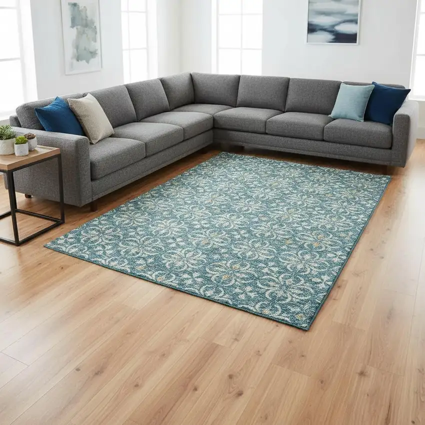 Teal And Ivory Floral Washable Area Rug With UV Protection Photo 2