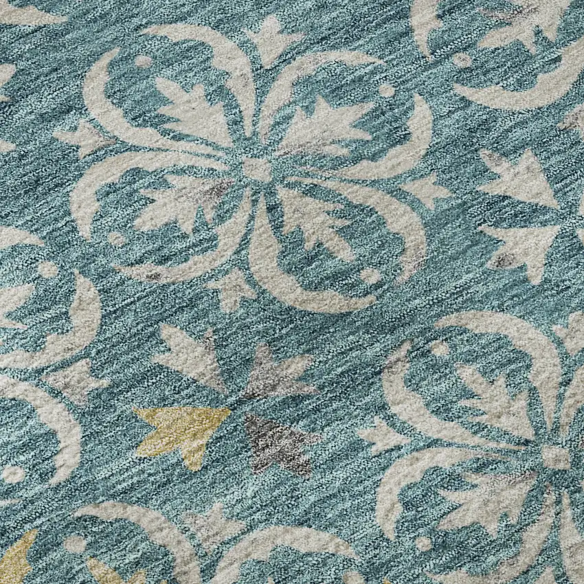 Teal And Ivory Floral Washable Area Rug With UV Protection Photo 9