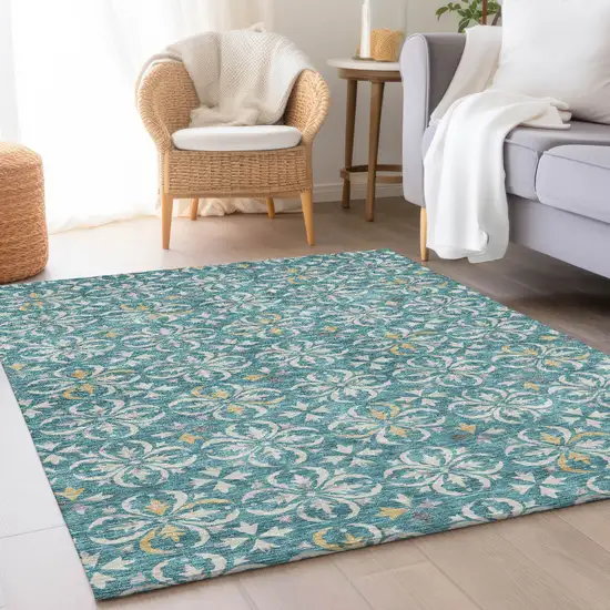 Teal And Ivory Floral Washable Area Rug With UV Protection Photo 4