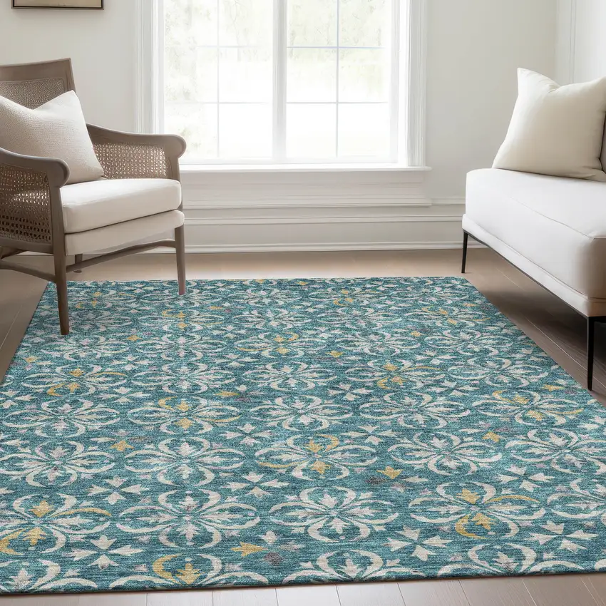 Teal And Ivory Floral Washable Area Rug With UV Protection Photo 5