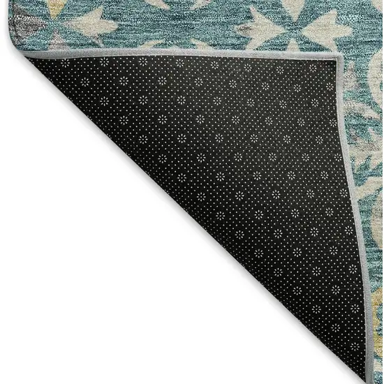 Teal And Ivory Floral Washable Area Rug With UV Protection Photo 7
