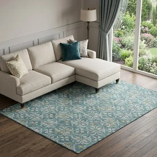 Teal And Ivory Floral Washable Area Rug With UV Protection Photo 1