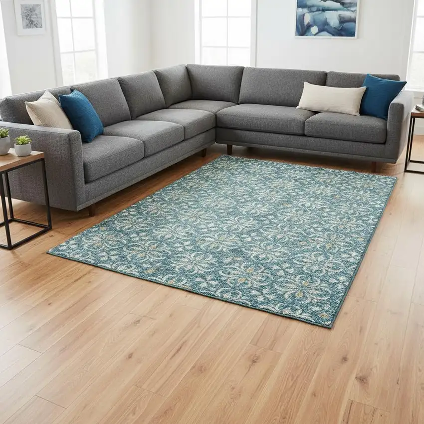 Teal And Ivory Floral Washable Area Rug With UV Protection Photo 2