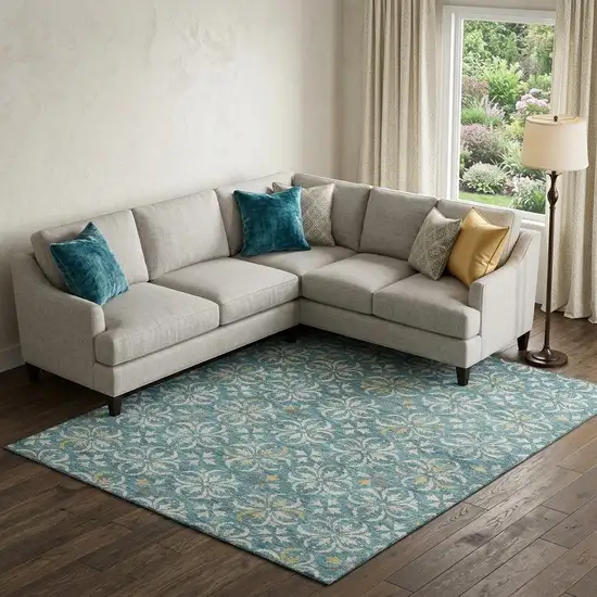 Teal And Ivory Floral Washable Area Rug With UV Protection Photo 1