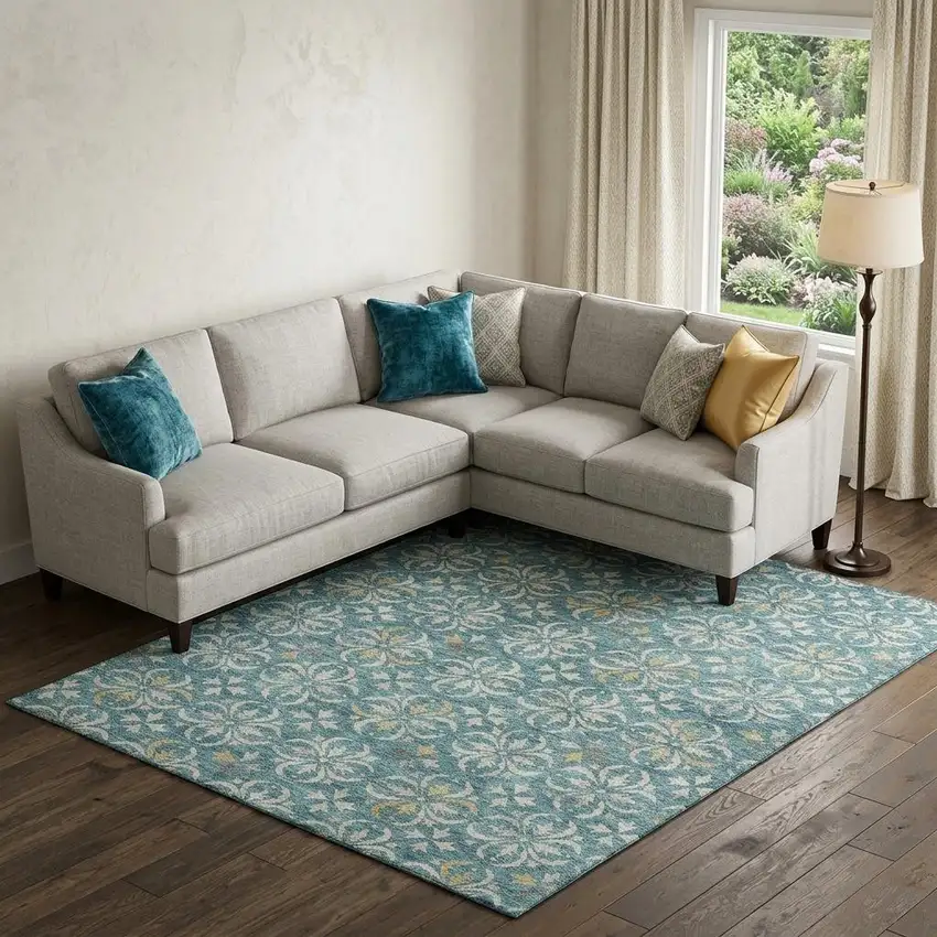 Teal And Ivory Floral Washable Area Rug With UV Protection Photo 1