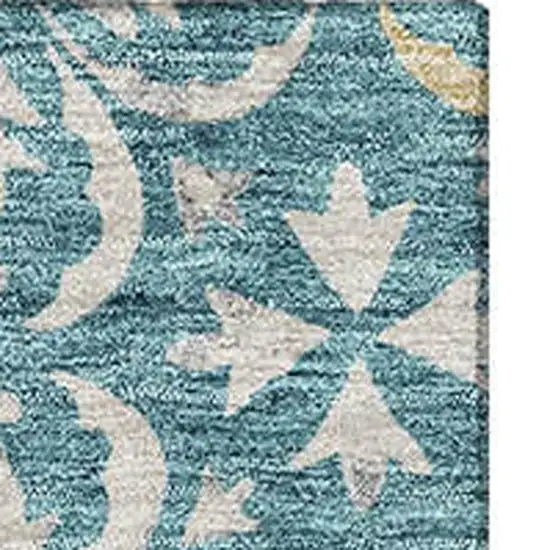 Teal And Ivory Floral Washable Area Rug With UV Protection Photo 3