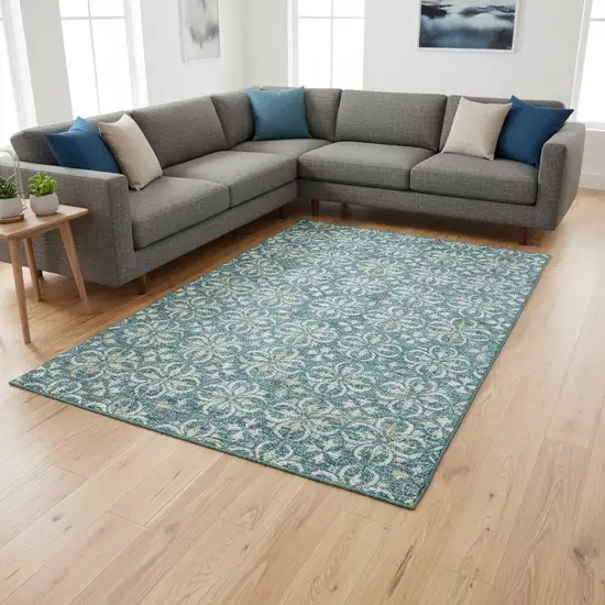Teal And Ivory Floral Washable Area Rug With UV Protection Photo 2