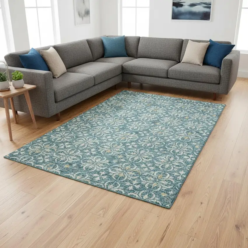 Teal And Ivory Floral Washable Area Rug With UV Protection Photo 2