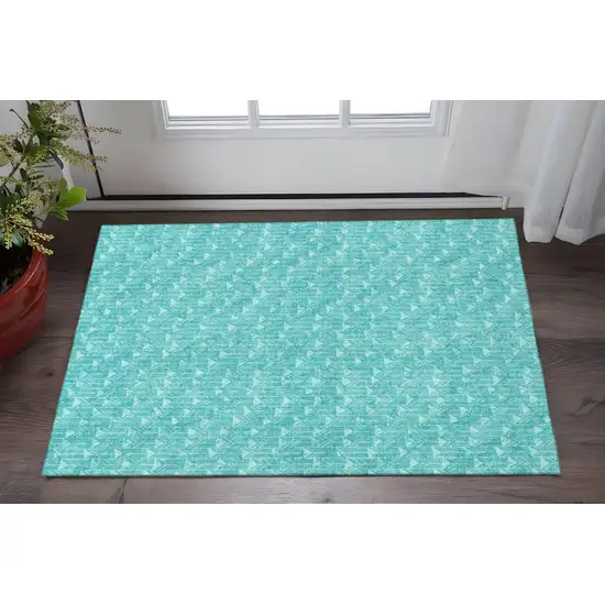 Teal And Ivory Geometric Washable Area Rug With UV Protection Photo 2