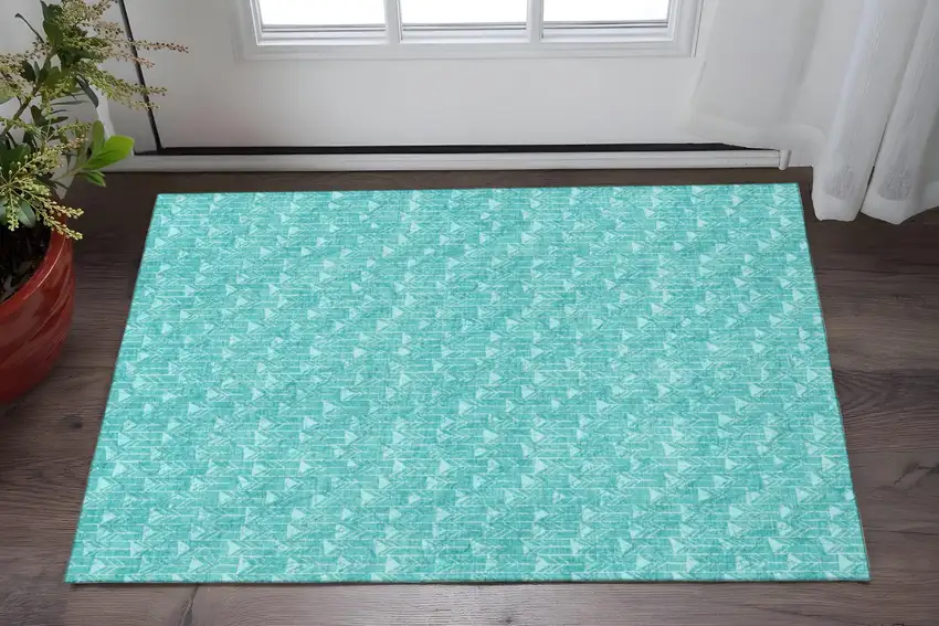 Teal And Ivory Geometric Washable Area Rug With UV Protection Photo 2