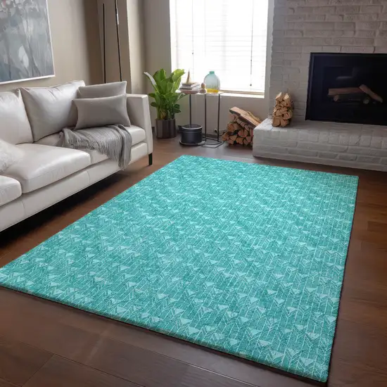 Teal And Ivory Geometric Washable Area Rug With UV Protection Photo 6