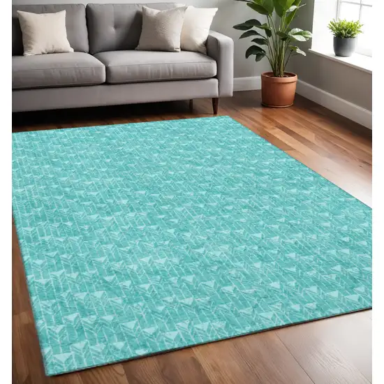 Teal And Ivory Geometric Washable Area Rug With UV Protection Photo 2