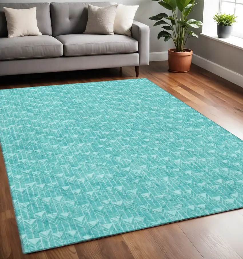 Teal And Ivory Geometric Washable Area Rug With UV Protection Photo 2