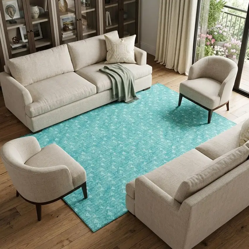 Teal And Ivory Geometric Washable Area Rug With UV Protection Photo 1