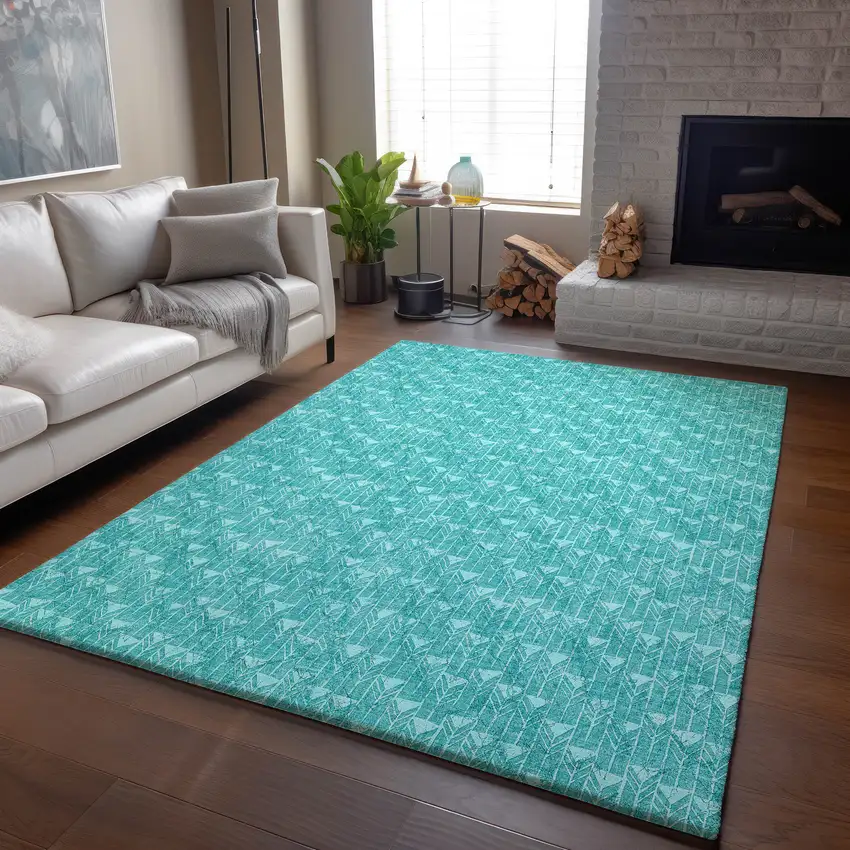 Teal And Ivory Geometric Washable Area Rug With UV Protection Photo 6