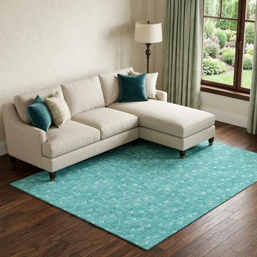 Teal And Ivory Geometric Washable Area Rug With UV Protection Photo 1