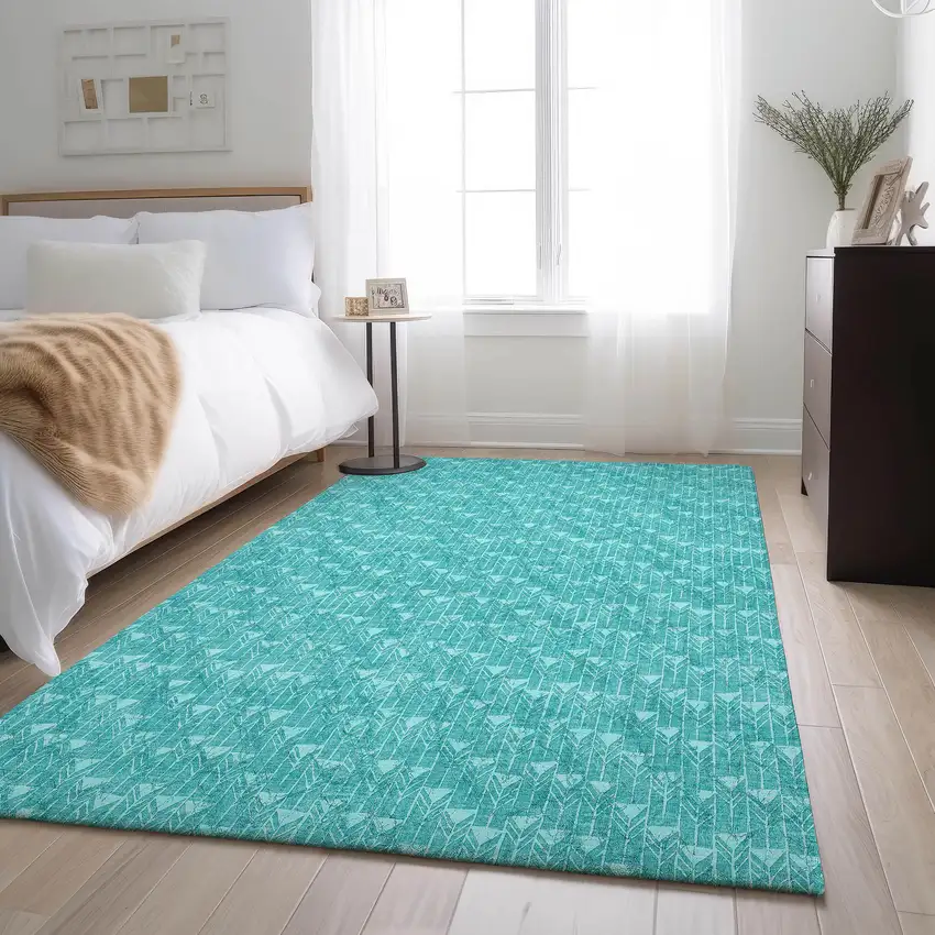 Teal And Ivory Geometric Washable Area Rug With UV Protection Photo 5