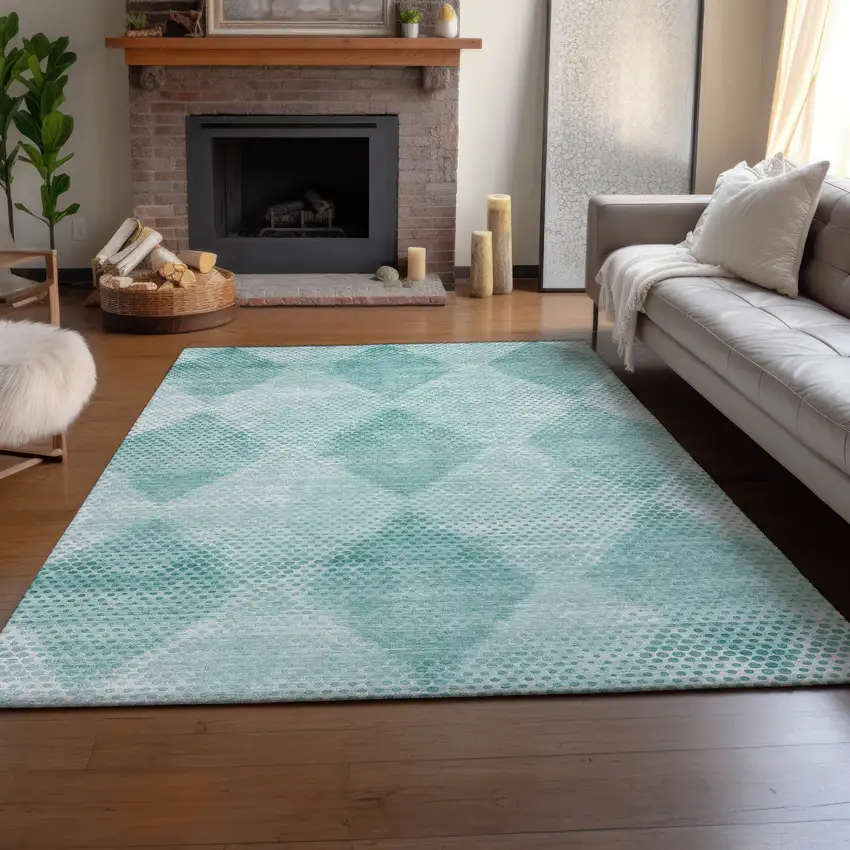 Teal And Ivory Geometric Washable Area Rug With UV Protection Photo 6