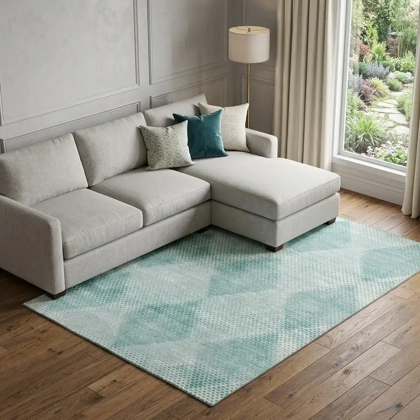 Teal And Ivory Geometric Washable Area Rug With UV Protection Photo 1