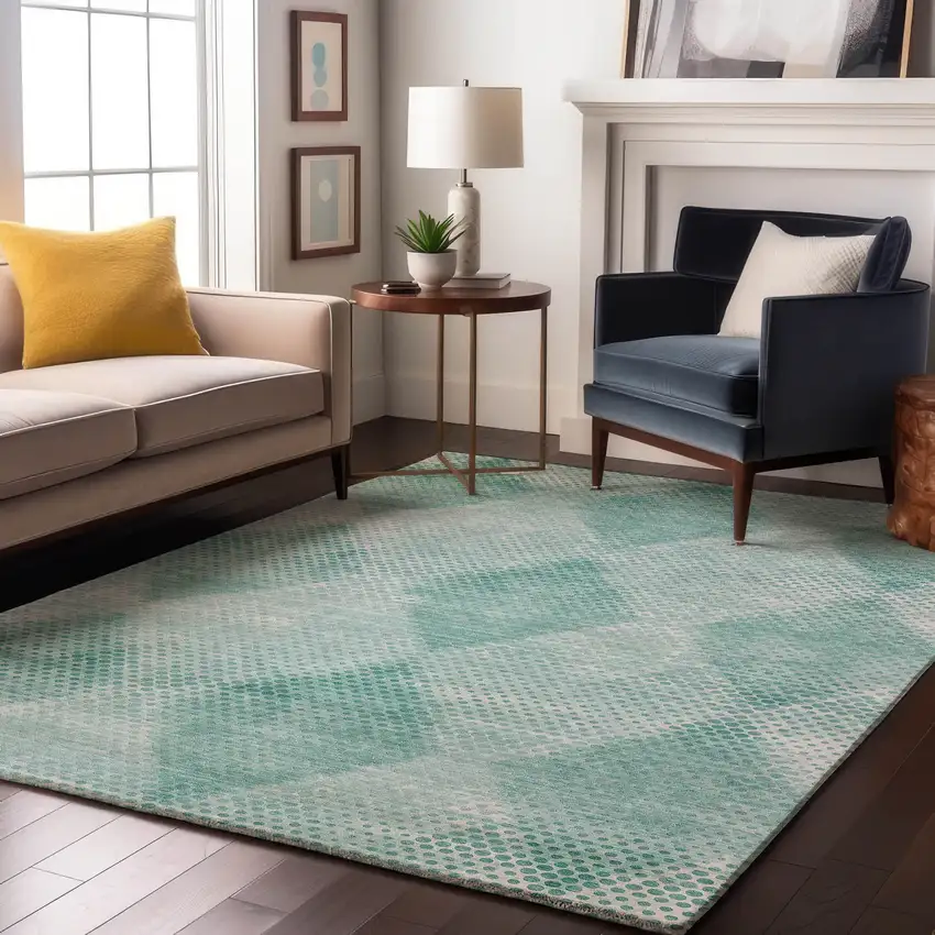 Teal And Ivory Geometric Washable Area Rug With UV Protection Photo 5