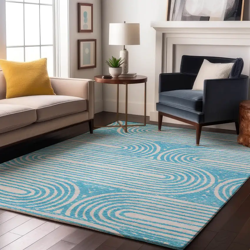 Teal And Ivory Geometric Washable Area Rug With UV Protection Photo 4