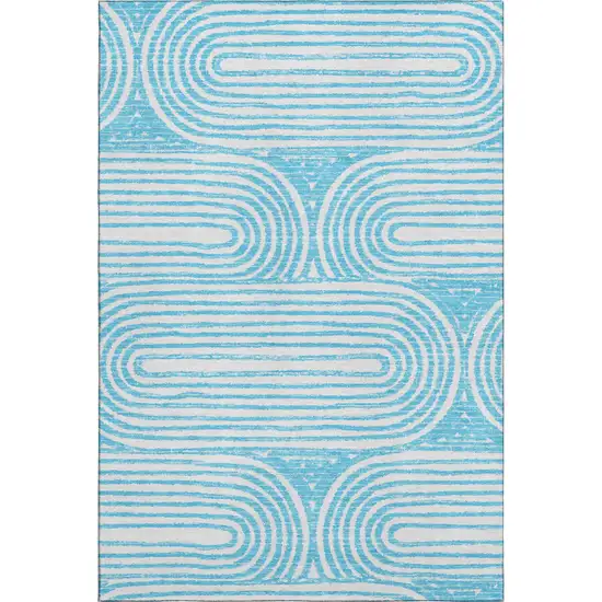 Teal And Ivory Geometric Washable Area Rug With UV Protection Photo 1