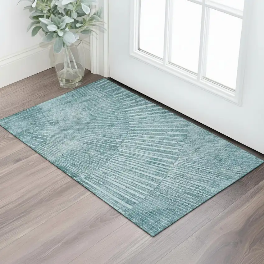 Teal And Ivory Geometric Washable Area Rug With UV Protection Photo 2