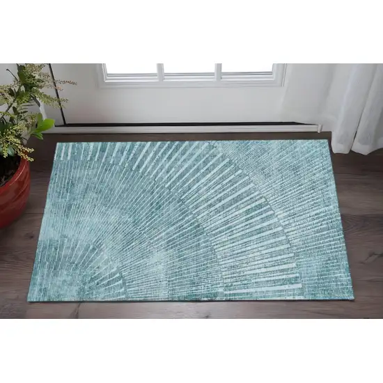 Teal And Ivory Geometric Washable Area Rug With UV Protection Photo 2