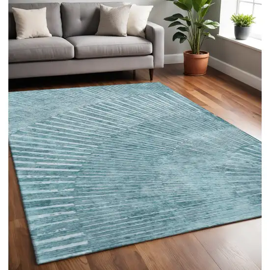 Teal And Ivory Geometric Washable Area Rug With UV Protection Photo 2