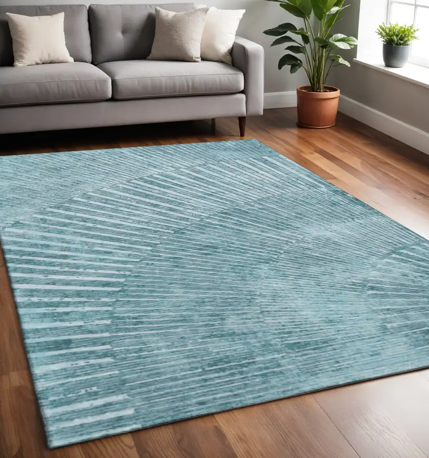 Teal And Ivory Geometric Washable Area Rug With UV Protection Photo 2