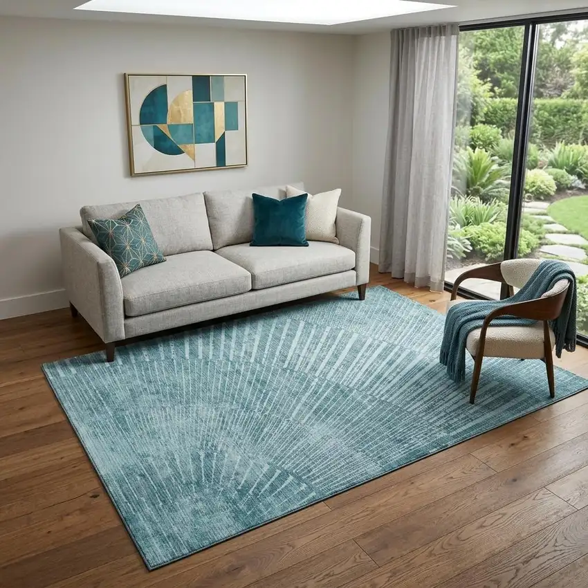 Teal And Ivory Geometric Washable Area Rug With UV Protection Photo 1