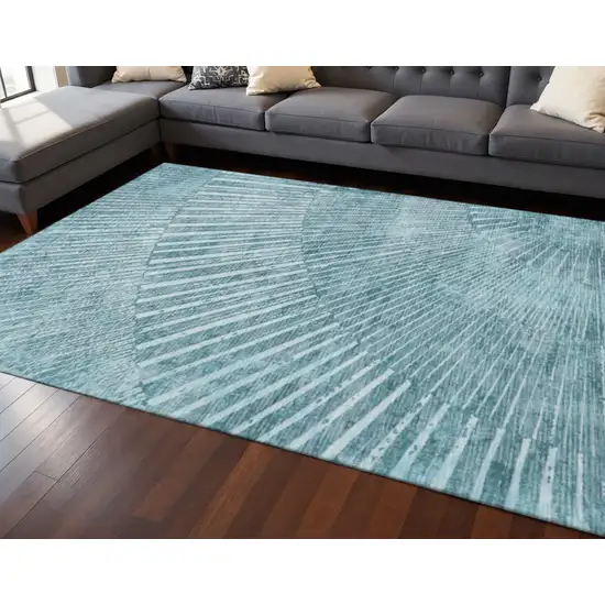 Teal And Ivory Geometric Washable Area Rug With UV Protection Photo 2