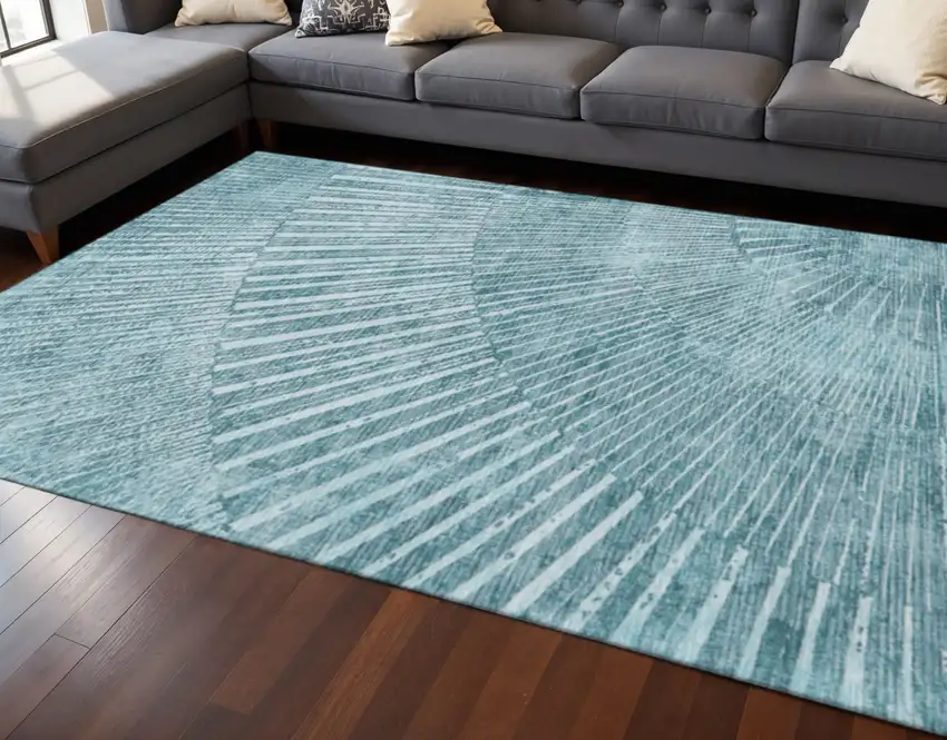 Teal And Ivory Geometric Washable Area Rug With UV Protection Photo 2
