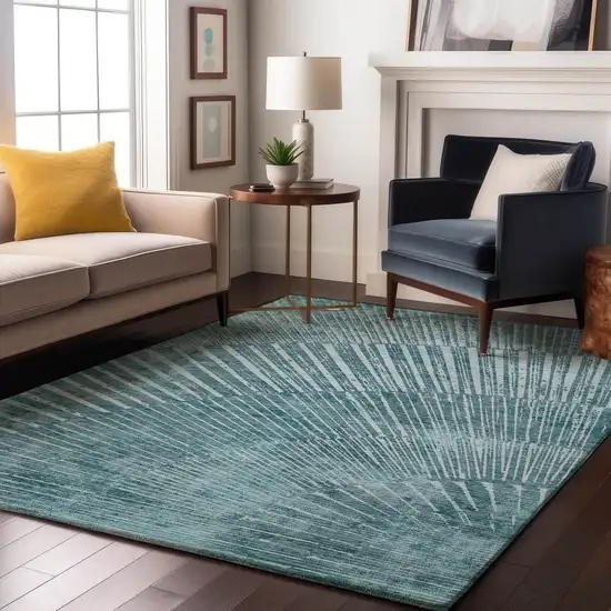 Teal And Ivory Geometric Washable Area Rug With UV Protection Photo 5