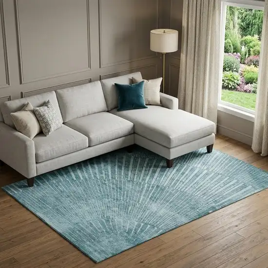 Teal And Ivory Geometric Washable Area Rug With UV Protection Photo 1