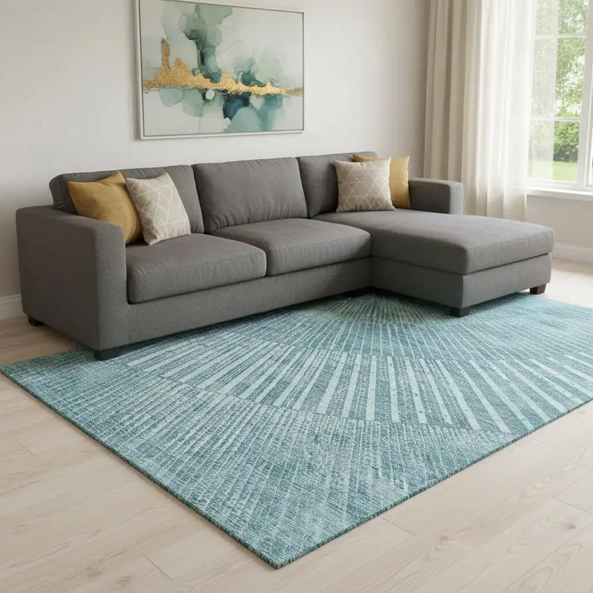 Teal And Ivory Geometric Washable Area Rug With UV Protection Photo 1