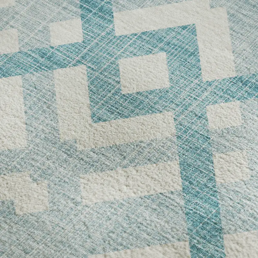Teal And Ivory Geometric Washable Area Rug With UV Protection Photo 2