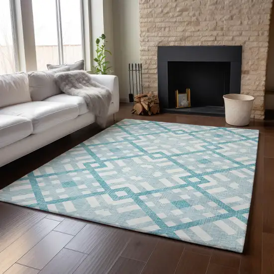 Teal And Ivory Geometric Washable Area Rug With UV Protection Photo 3