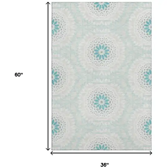 Teal And Ivory Geometric Washable Area Rug With UV Protection Photo 3