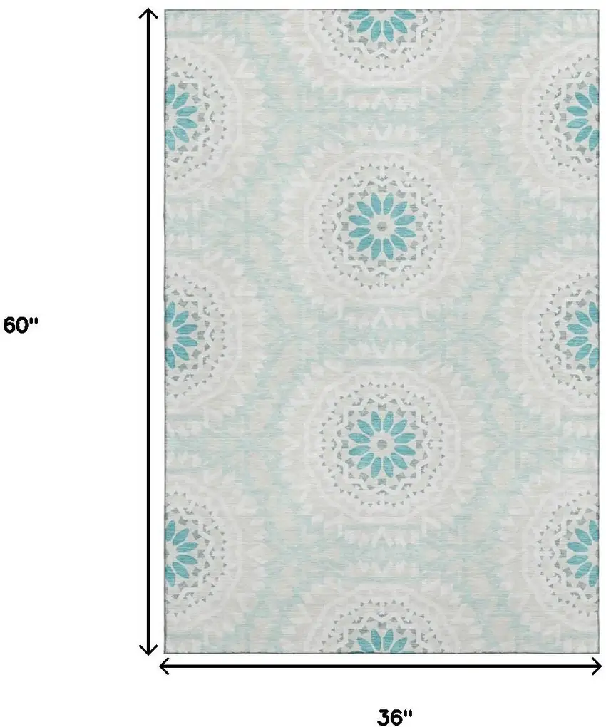 Teal And Ivory Geometric Washable Area Rug With UV Protection Photo 3