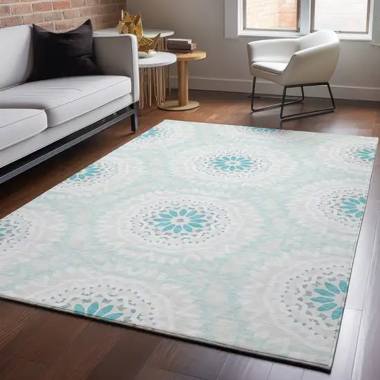 Teal And Ivory Geometric Washable Area Rug With UV Protection Photo 4