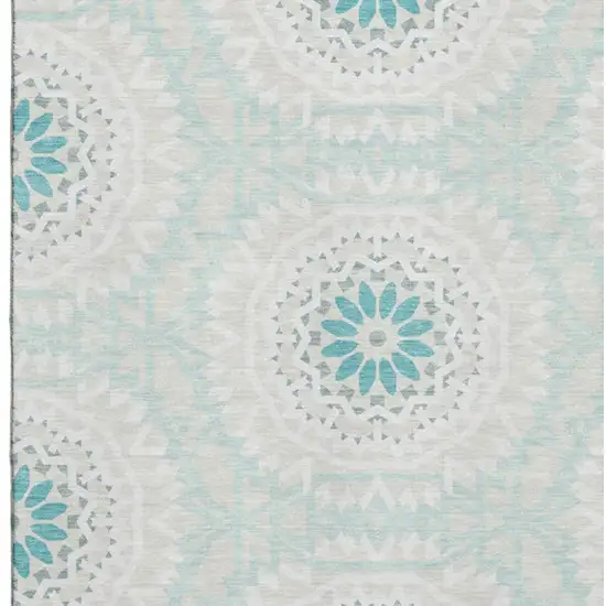 Teal And Ivory Geometric Washable Area Rug With UV Protection Photo 2